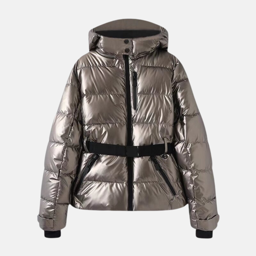 Women's oversized quilted puffer coat in neutral tone with belted waist and hooded collar