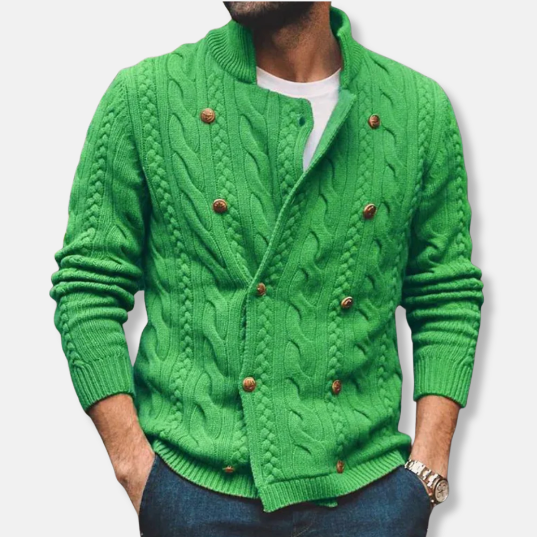 Men's wool blend double-breasted cardigan, semi-high collar, cable knit pattern, regular fit for fall winter