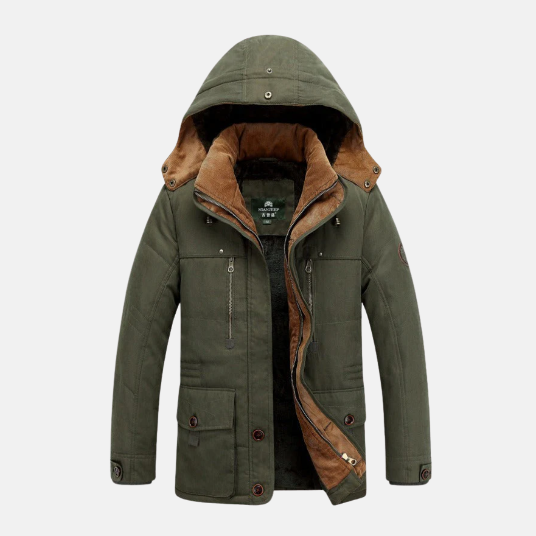 Men's navy insulated padded hooded mid-length jacket with multiple pockets by Wavlynn