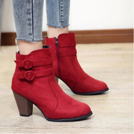 Women's red suede-inspired ankle boots with zip-up closure and double side buckle detail