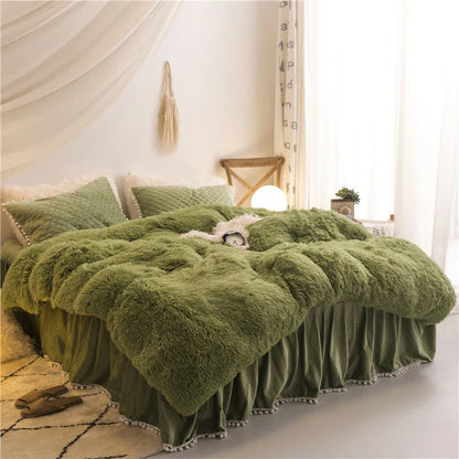 Ivory plush velvet duvet cover set with quilted pillow covers, contemporary bedroom luxury