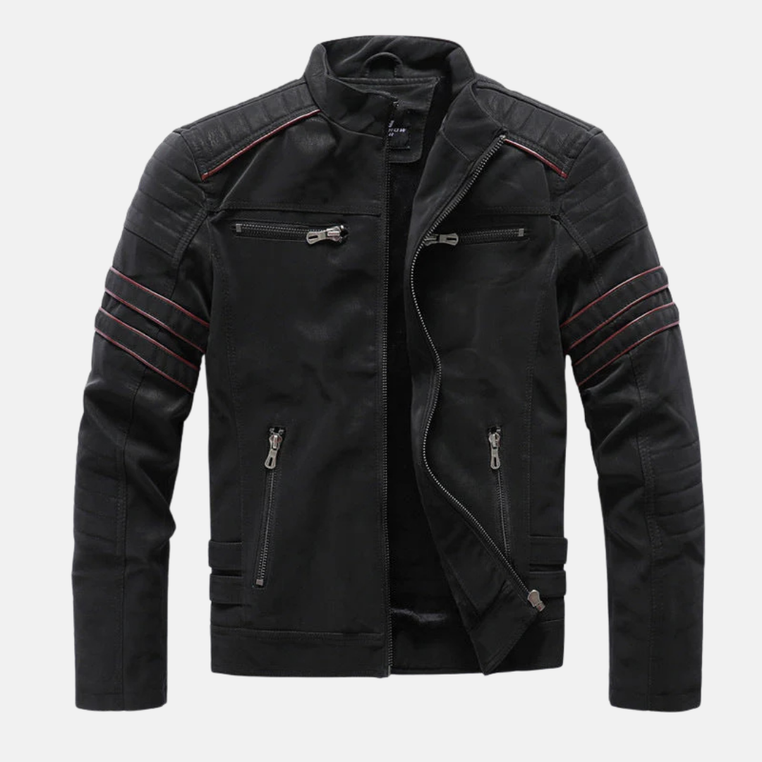 Men's black faux leather slim fit jacket with stand collar, hip length, modern everyday style