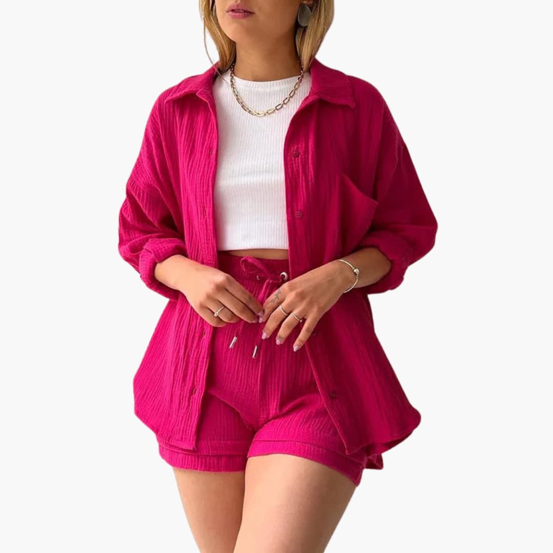 Rosa chic casual two-piece set in vibrant hues, relaxed silhouette with breathable lightweight fabric