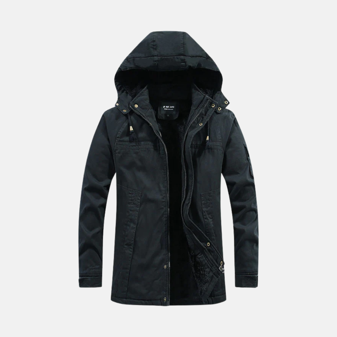 Men's relaxed fit hooded coat with sherpa lining, utility pockets, and zipper closure for casual wear