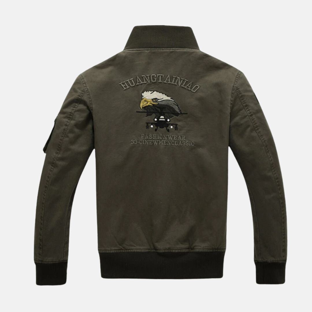 Men's slim fit bomber jacket with premium plush lining, embroidered patches, and ribbed trim detailing