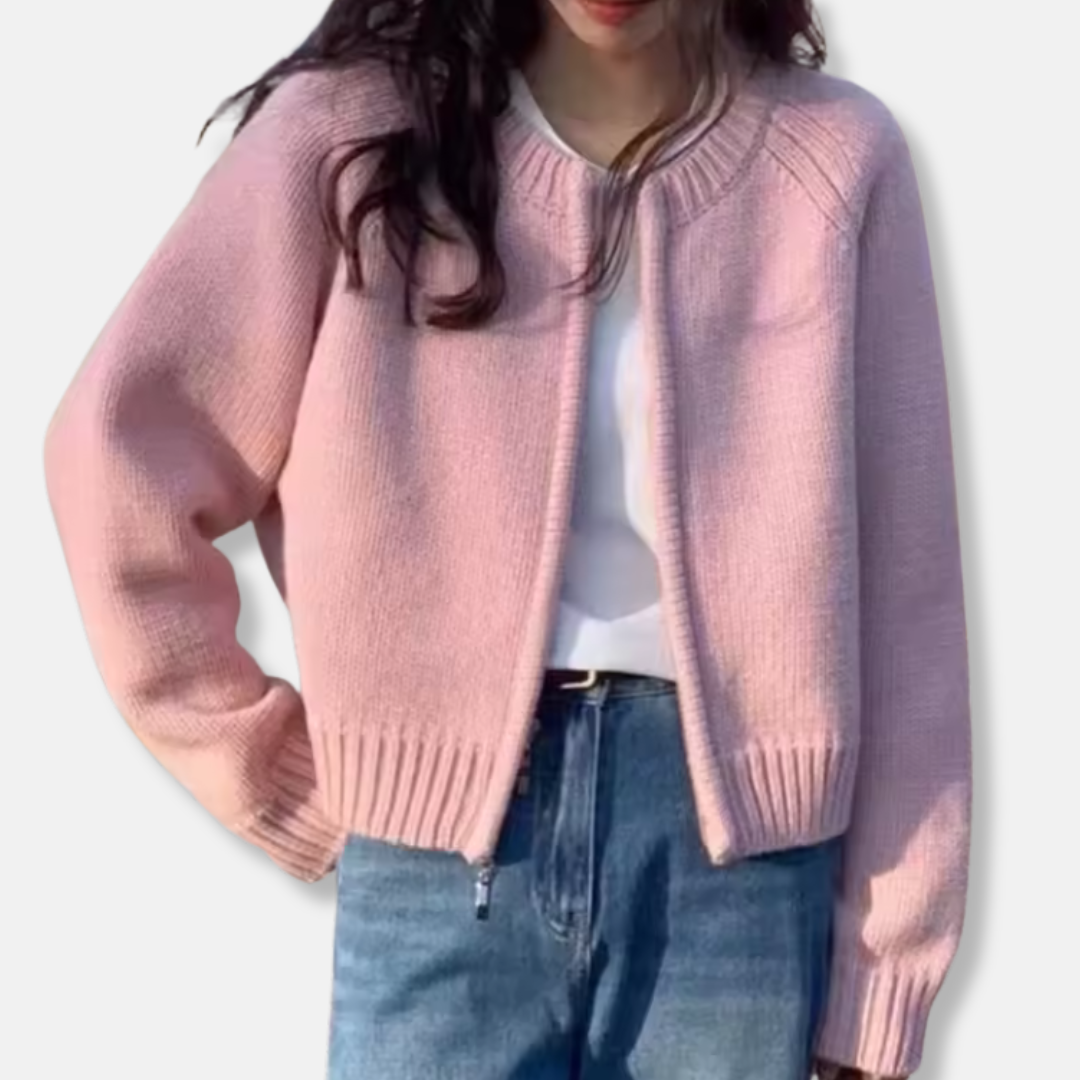 Women's cropped open-front wool knit cardigan relaxed fit layering essential in neutral tone