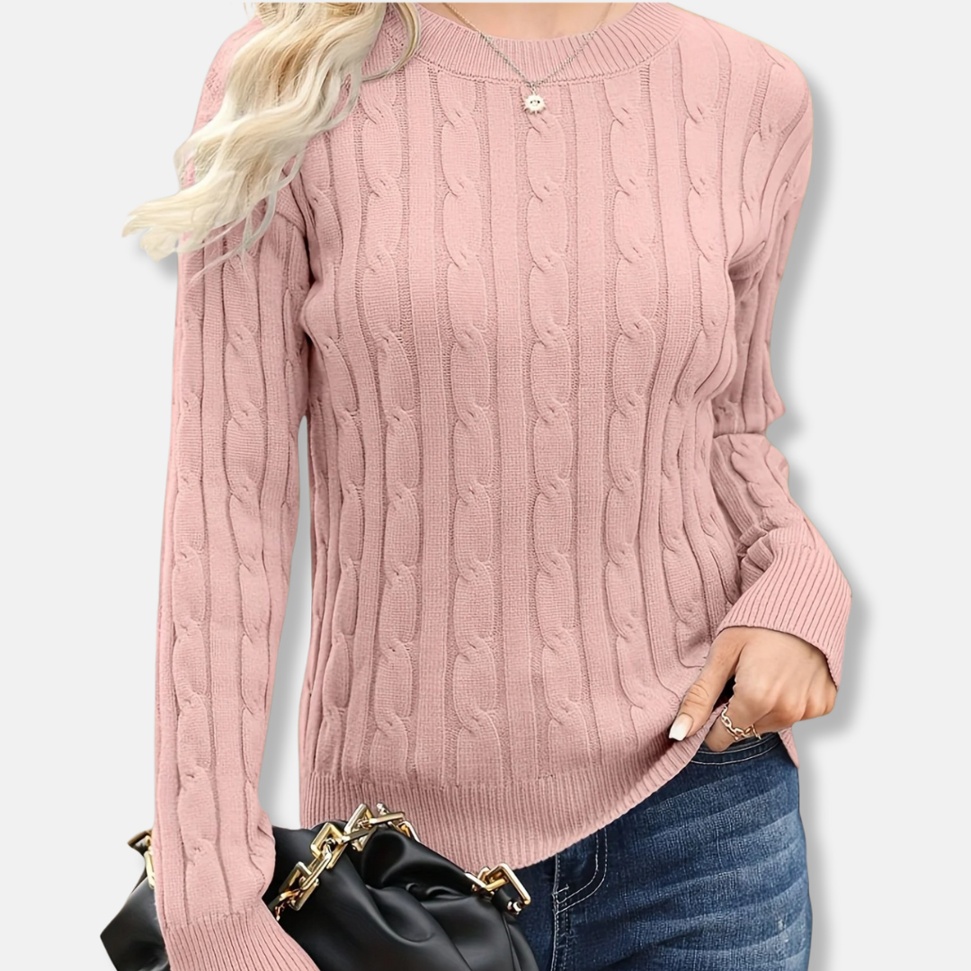 Women's cream cable knit sweater fine gauge crew neck long sleeve relaxed hip-length wool-blend
