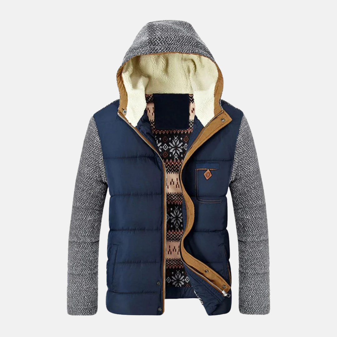 Men's slim fit hip-length quilted winter jacket with removable hood and stand collar