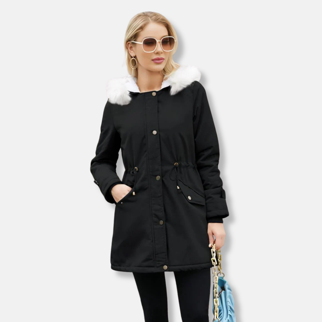 Women's mid-thigh parka jacket smooth woven exterior detachable faux fur trim chic winter coat