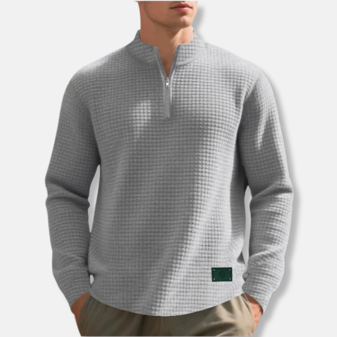 Men's waffle knit quarter zip sweater mock neck regular fit cold weather pullover