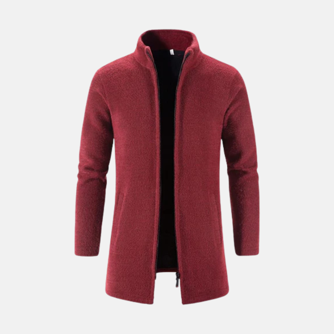 Men's charcoal wool mid-thigh coat smart casual stand-up collar modern professional silhouette