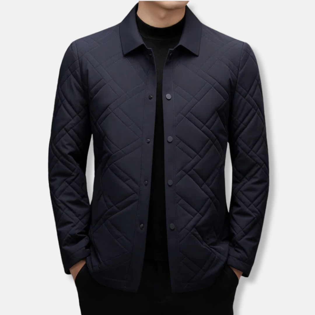 Men's navy quilted jacket tailored fit point collar button front insulated padding Nordisk Flair style