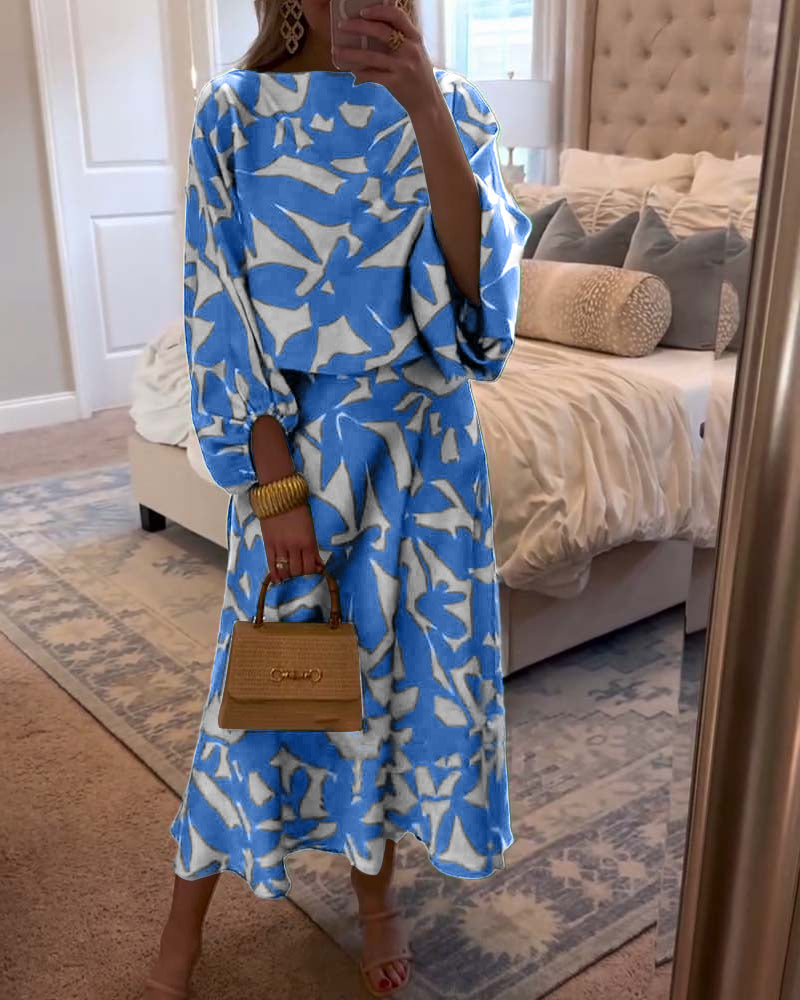 Printed two-piece set with lantern sleeves, matching flowy top and skirt in coordinated boho pattern
