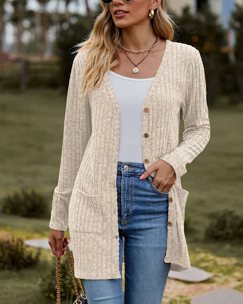 Women's ribbed knit cardigan relaxed fit button front mid-thigh length with side pockets