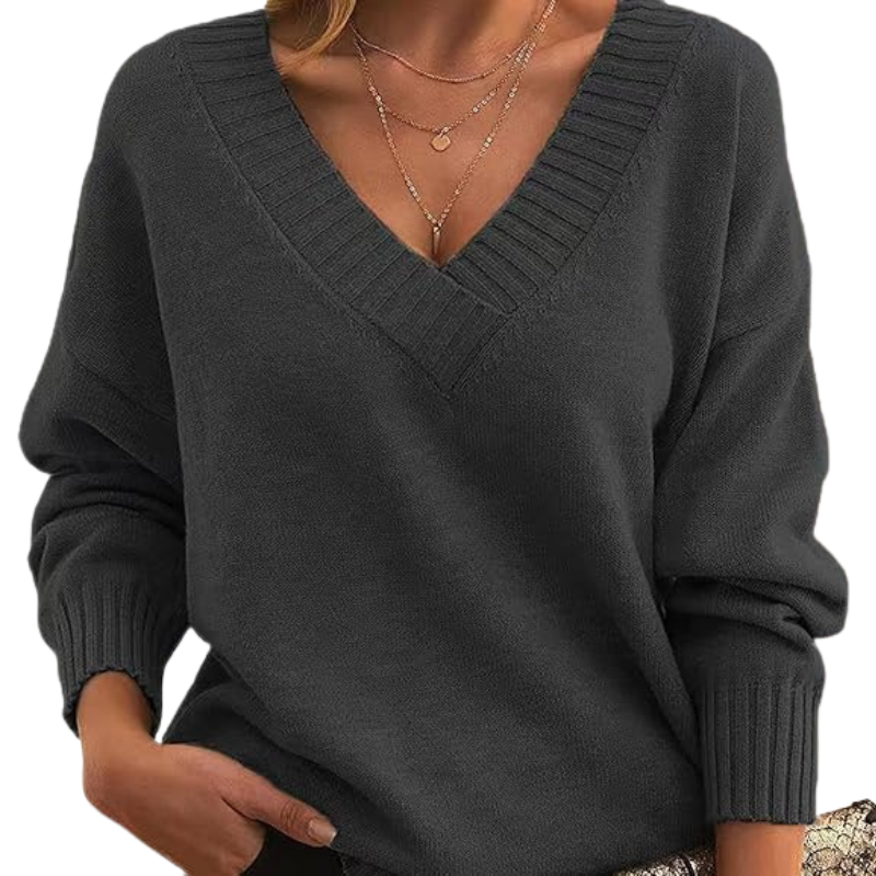 Women's wool blend V-neck sweater relaxed fit in neutral tone, cozy layering essential for fall
