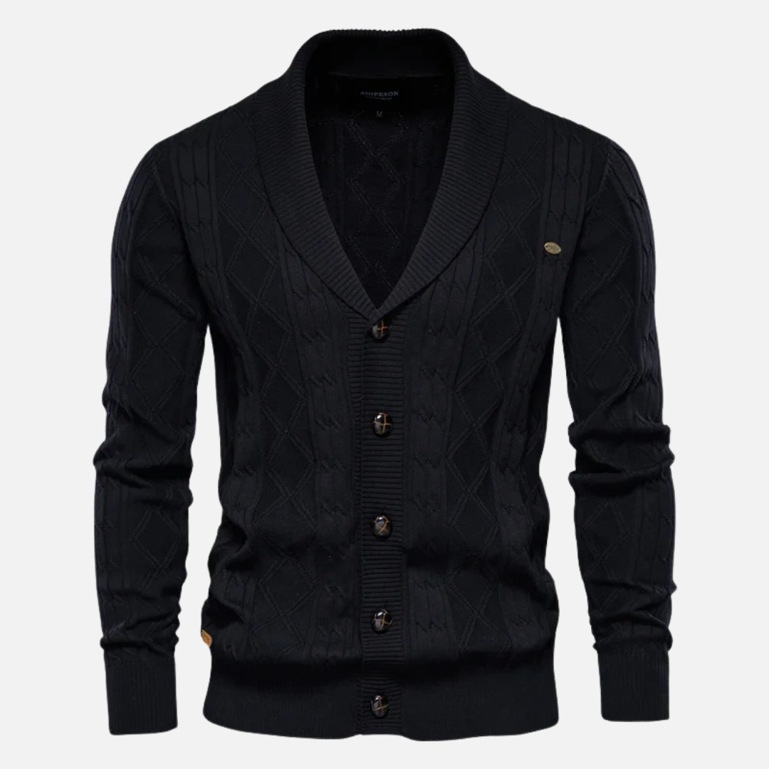 Men's argyle knit cardigan shawl collar cotton blend in classic diamond pattern for layering