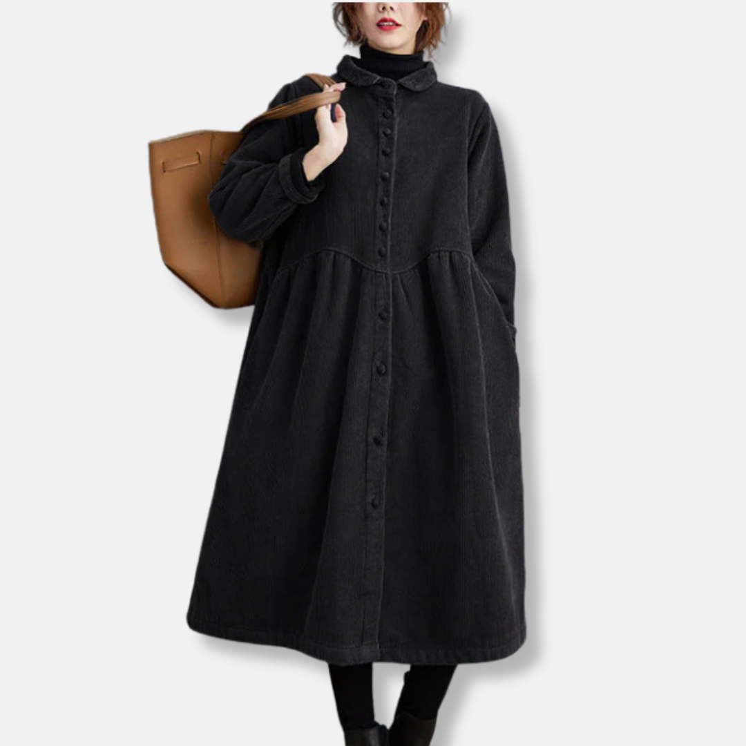 Women's brown corduroy A-line midi coat with high neck and button front closure for winter