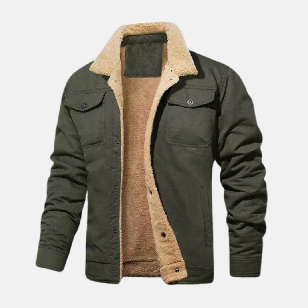 Men's relaxed fit waist-length cotton blend jacket with cozy sherpa collar in neutral tone