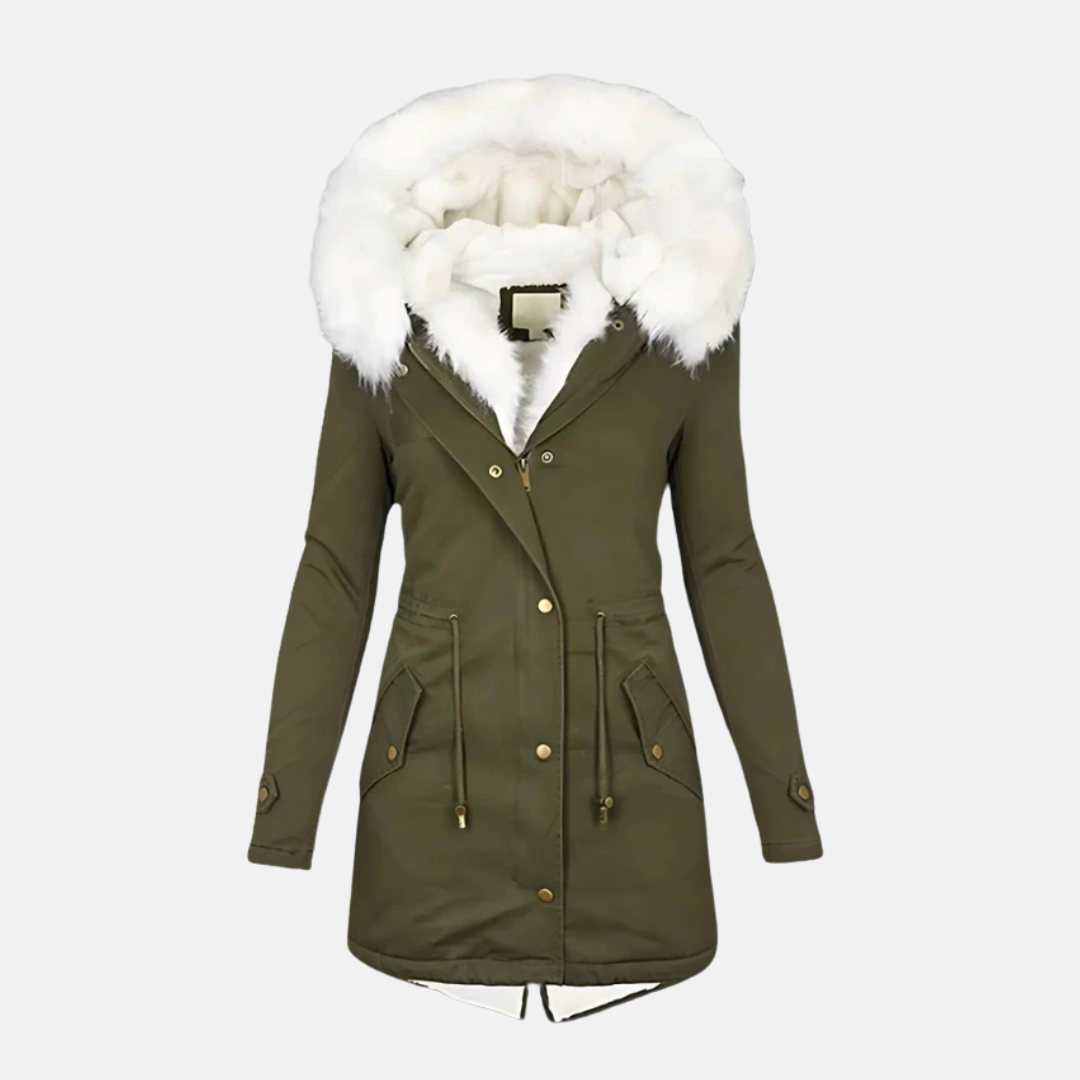 Women's slim fit mid-length parka coat with faux fur hood trim, water-resistant winter outerwear