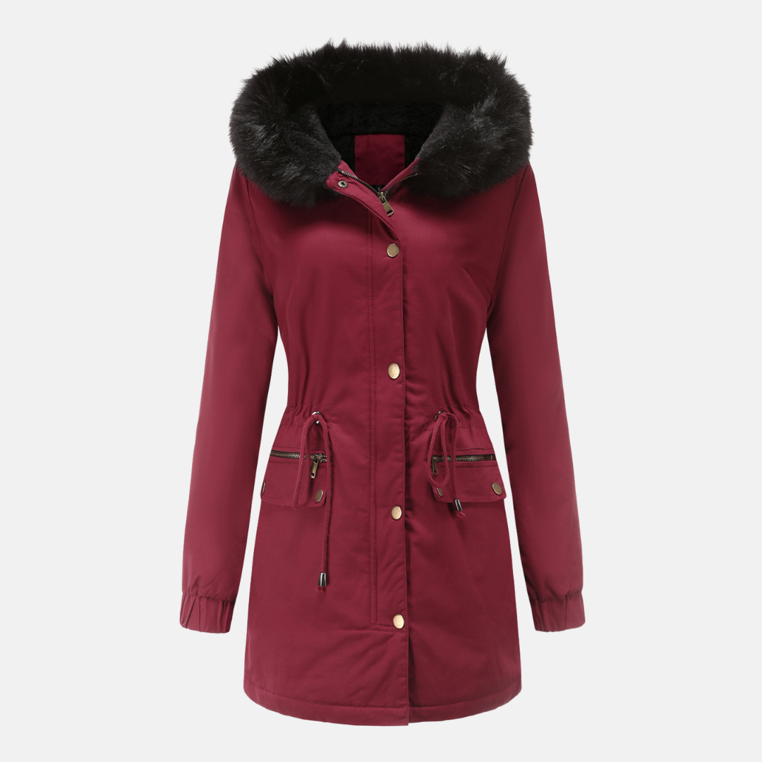 Women's longline parka jacket with faux fur hood, adjustable waist, weather-resistant navy blue winter coat
