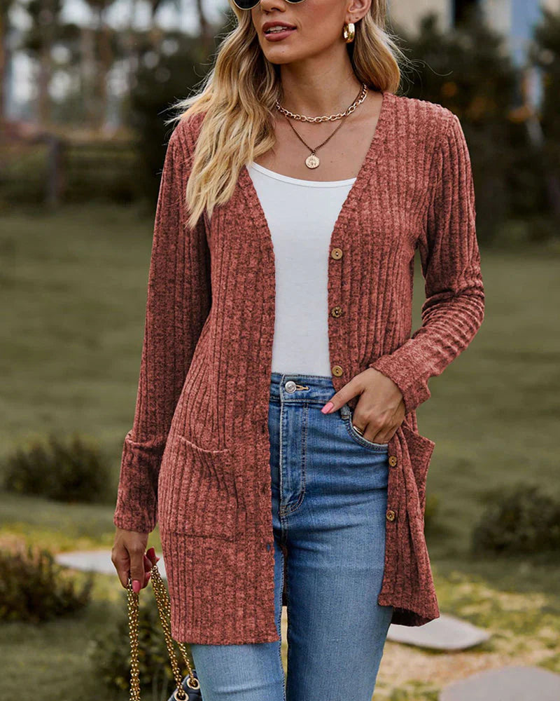 Women's relaxed-fit ribbed knit cardigan, button front, mid-thigh length with side pockets