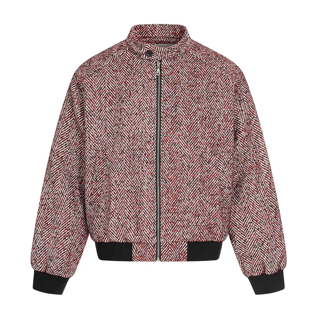 Herringbone wool-blend relaxed jacket with zip front, stand collar, and elasticated cuffs in tonal structure