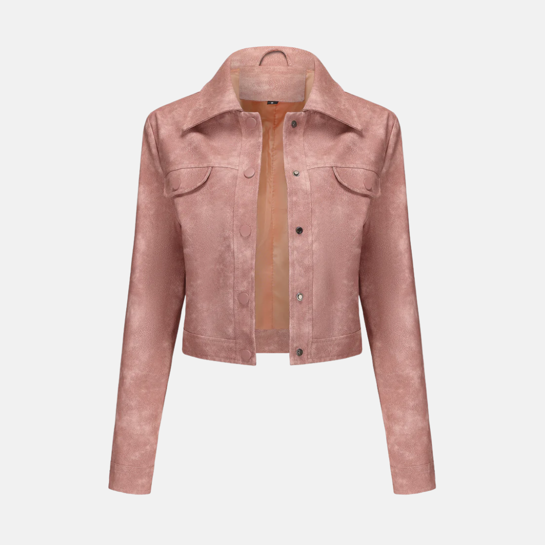 Women's cropped structured jacket with woven texture, snap front, and point collar for a chic modern look