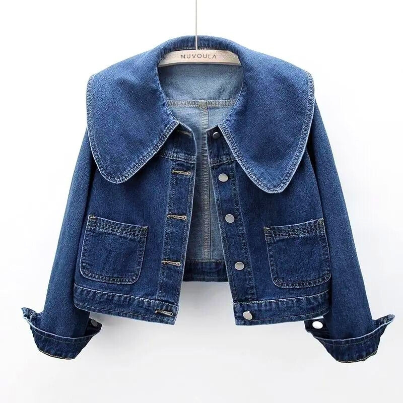 Kiran oversized collar checkered denim jacket vintage-inspired blue layering fashion piece