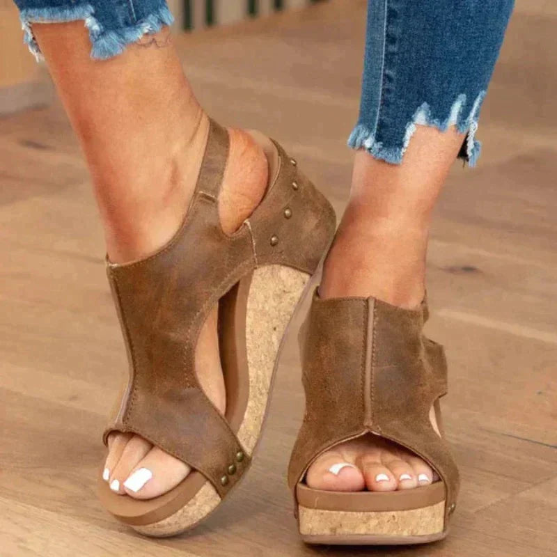 Women's open-toe wedge sandals with adjustable strap, cork sole, decorative studs, summer casual style