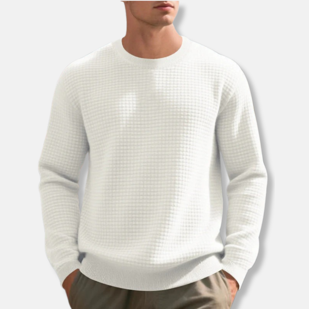 Men's loose fit crew neck sweatshirt, cotton blend waffle-knit texture, ribbed cuffs, casual style