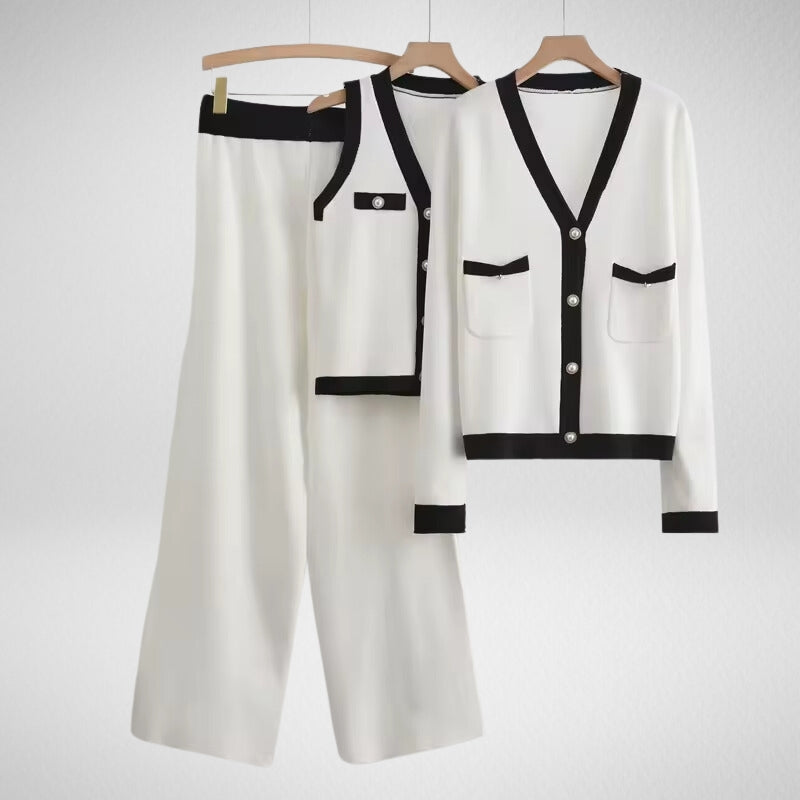Kate Lauder white cotton-blend 3-piece set relaxed fit with pearl-button accents and bold contrast trims