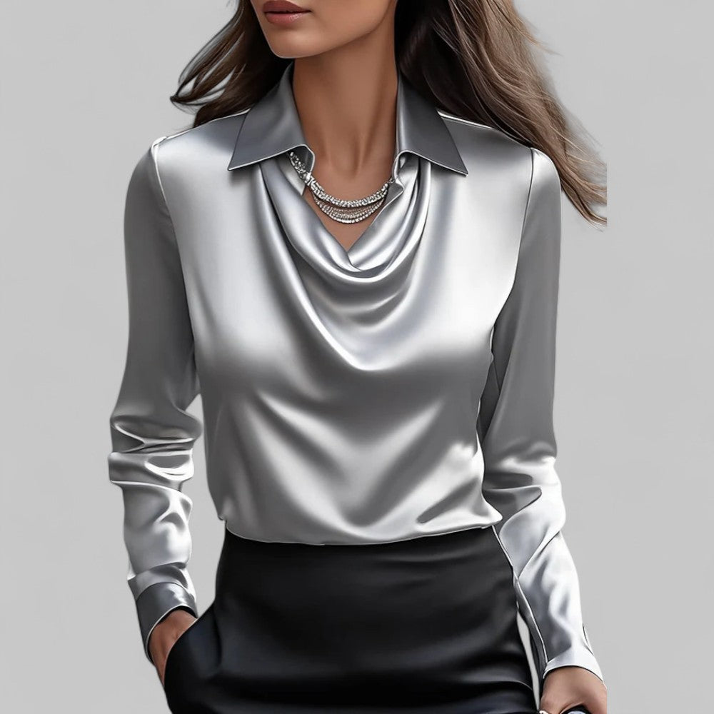 Women's satin blouse draped neckline long sleeve silky top elegant professional ivory cream