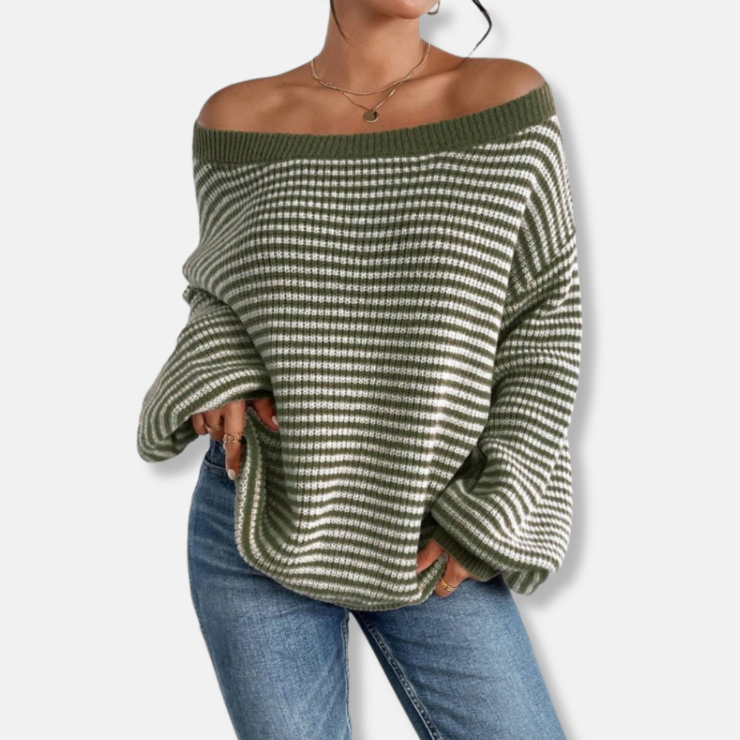 Women's ivory knitted sweater with boat neckline and statement lantern sleeves for relaxed elegance