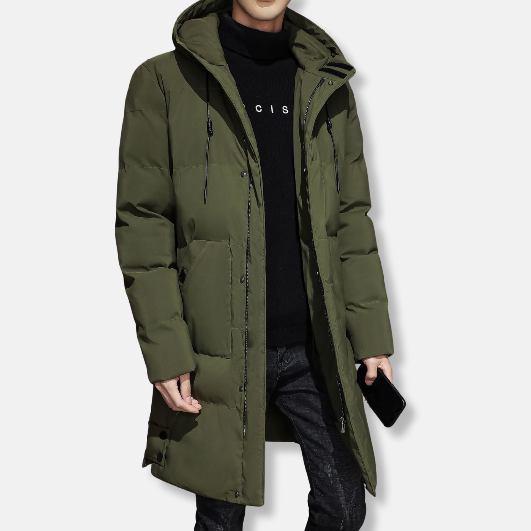 Men's woven padded hooded mid-thigh coat, relaxed fit, lightweight insulation for winter warmth