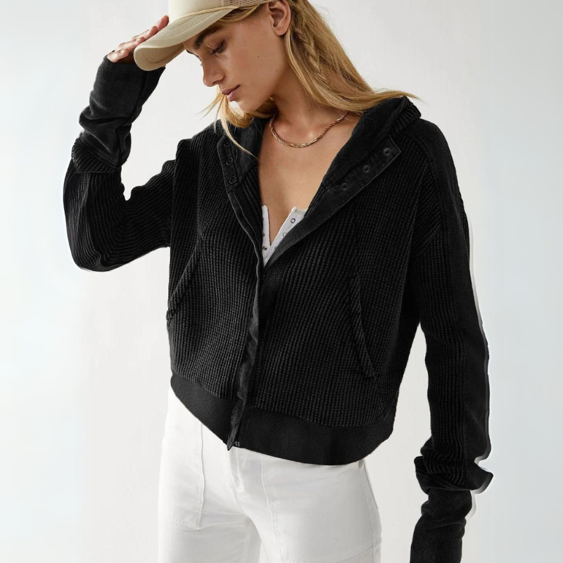 Cropped textured knit hoodie in neutral tone with unique hybrid button-to-zip closure