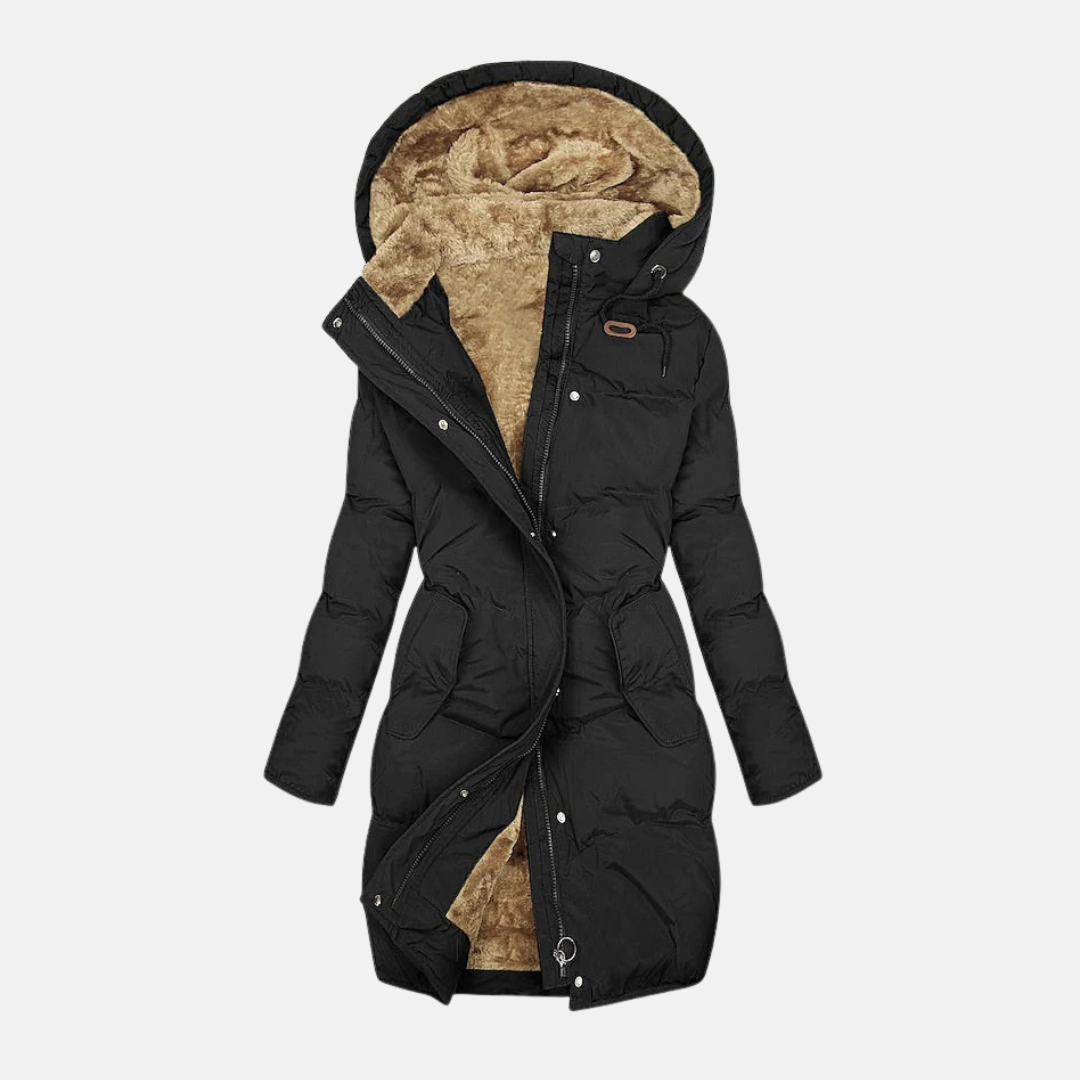 Women's long quilted puffer coat with plush-lined hood and adjustable waist by Nordisk-Flair