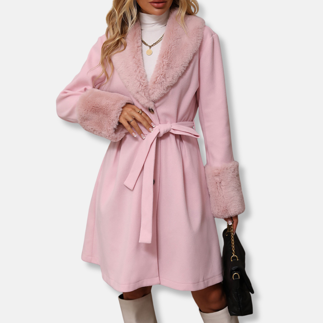 Women's tailored belted trench coat with faux fur collar and cuffs, mid-length silhouette
