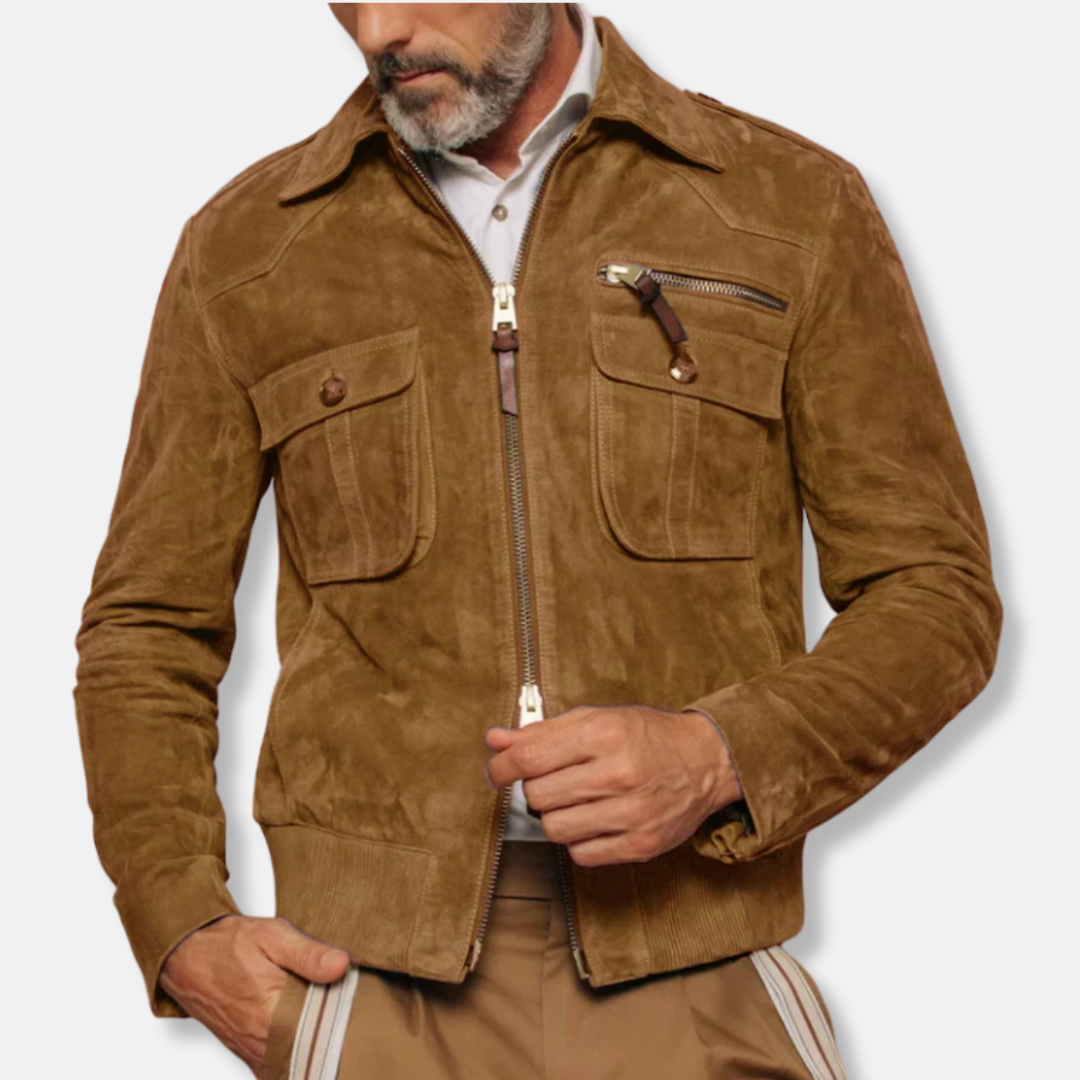 Men's slim fit suede texture bomber jacket with two-way zipper and chest pockets by Wavlynn