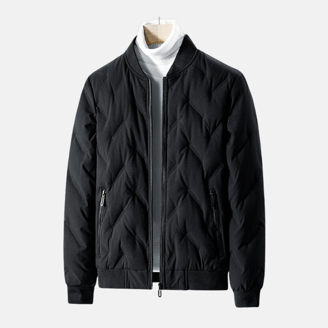 Men's black quilted chevron bomber jacket relaxed fit winter outerwear with textured pattern