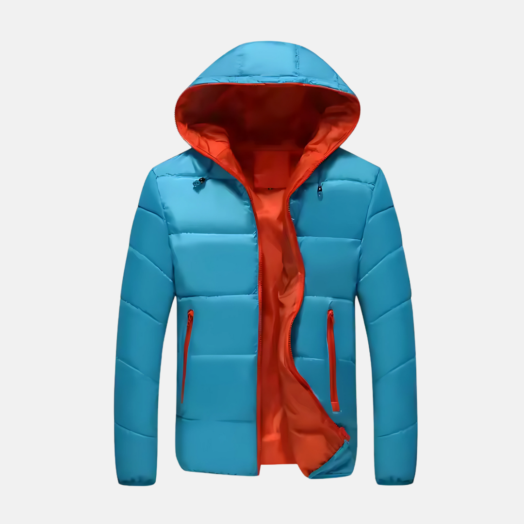 Men's black hooded quilted puffer jacket insulated hip-length relaxed fit winter coat