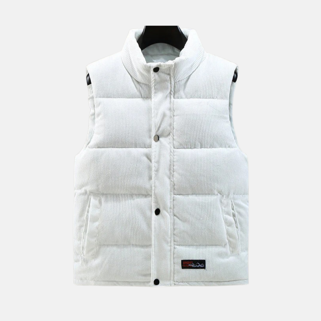 Men's brown corduroy quilted vest with high collar, snap front closure, casual winter layering style