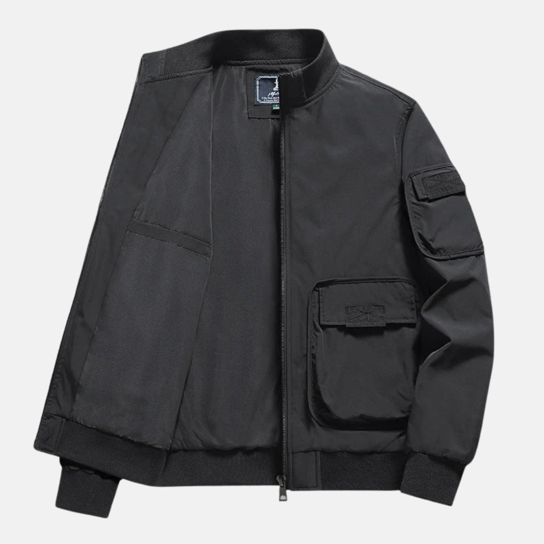 Men's navy bomber jacket relaxed fit full zip wind-resistant with patch pockets lightweight layer