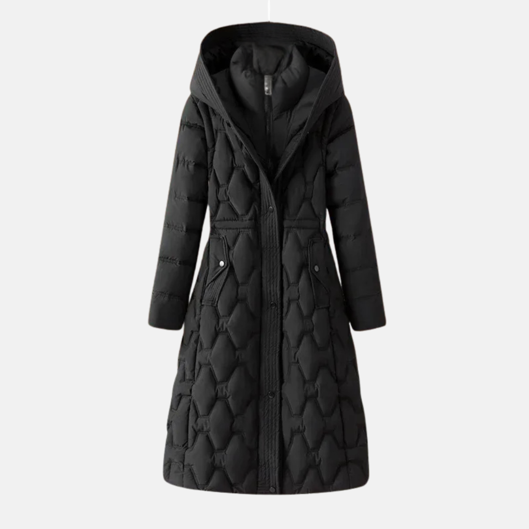Women's long quilted jacket fitted waist hooded snap closure padded insulation sleek winter coat