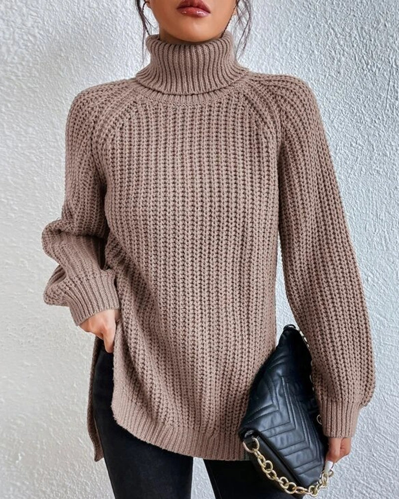 Women's ribbed turtleneck sweater cozy knit winter style with classic fitted silhouette