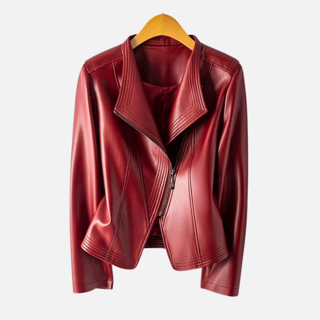 Women's black cropped faux leather jacket with stand collar and asymmetrical zipper closure