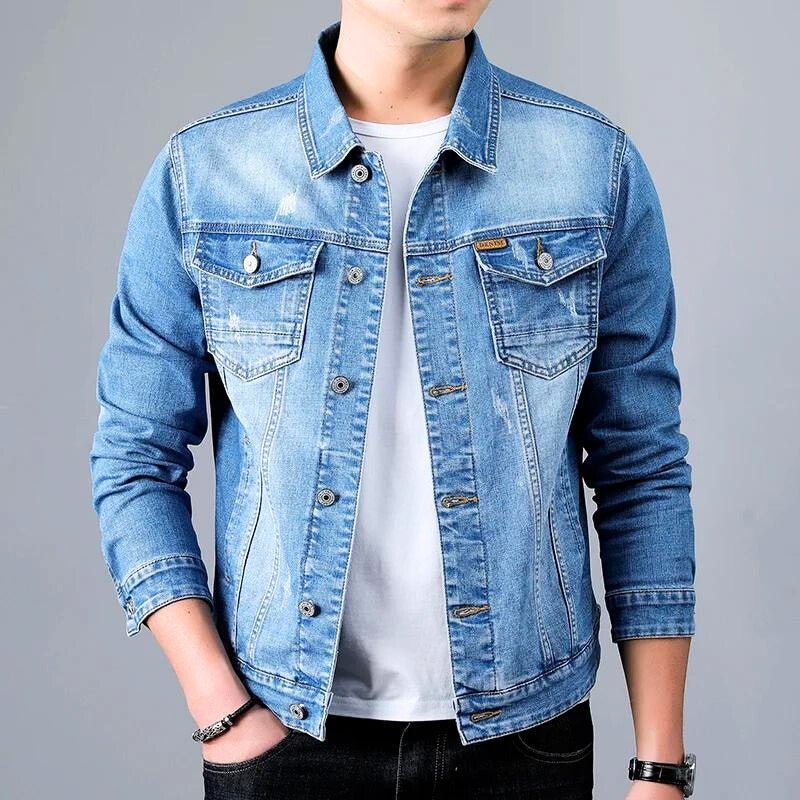 Green washed denim jacket with retro worn-in look, versatile casual to semi-formal style