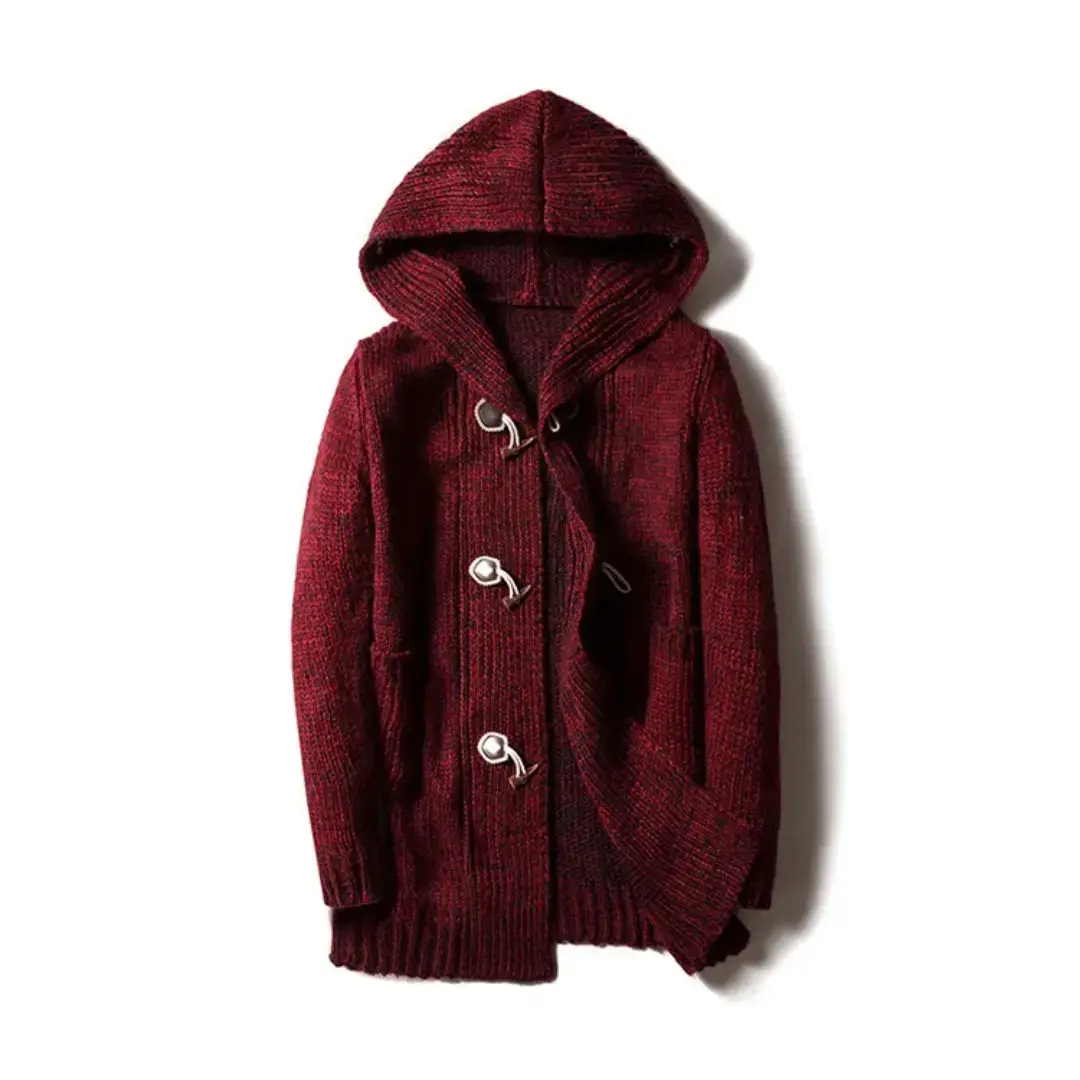 Chunky wool knit hooded cardigan with vintage toggle closures and deep patch pockets