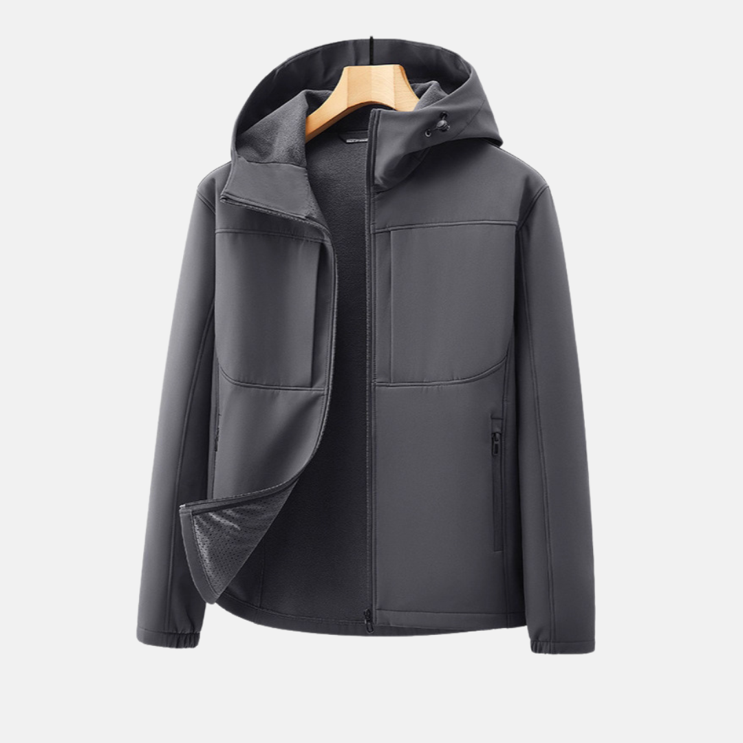 Men's navy softshell jacket fleece-lined adjustable hood weatherproof zip pockets regular fit