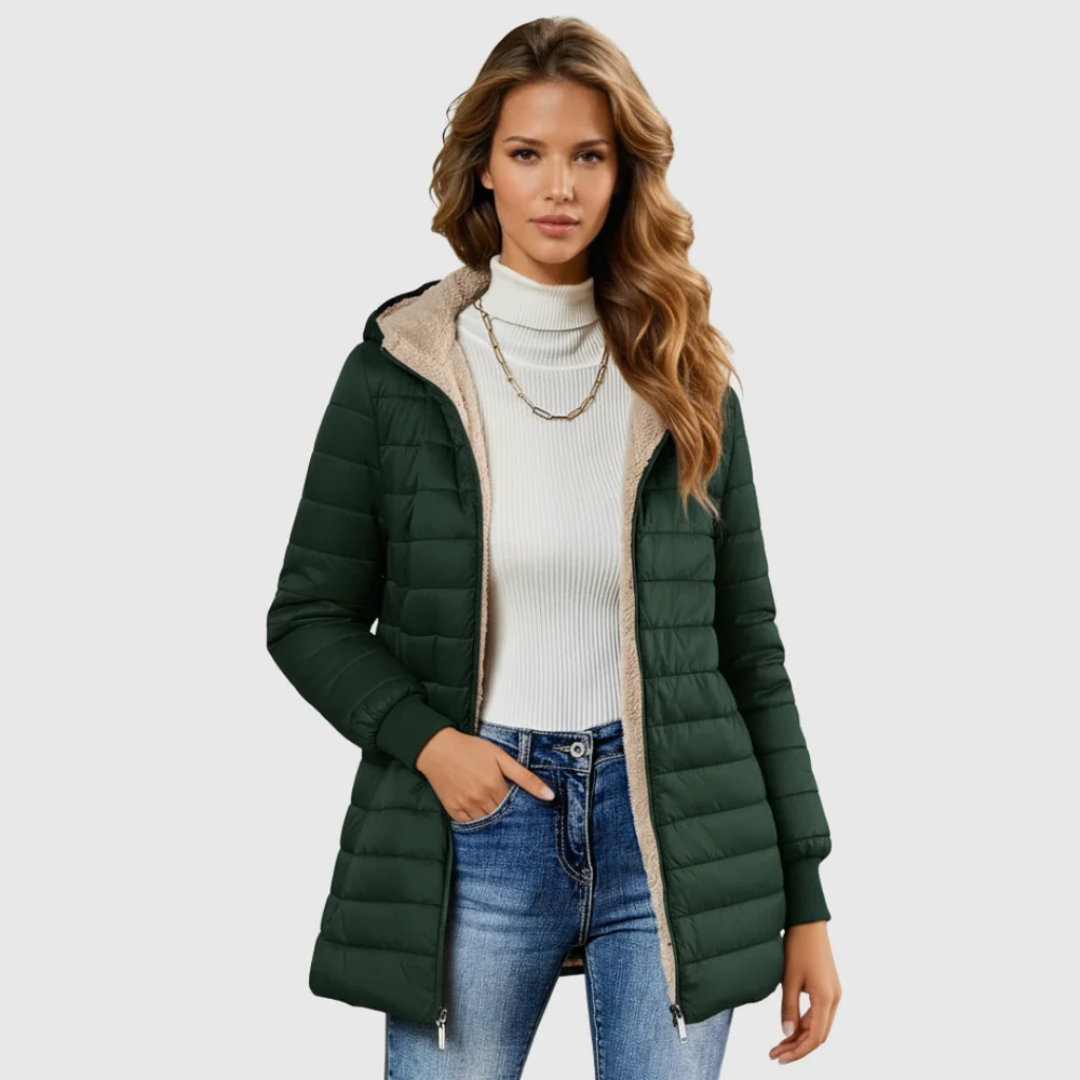 Women's sherpa-lined winter coat structured silhouette plush insulated warmth cold weather