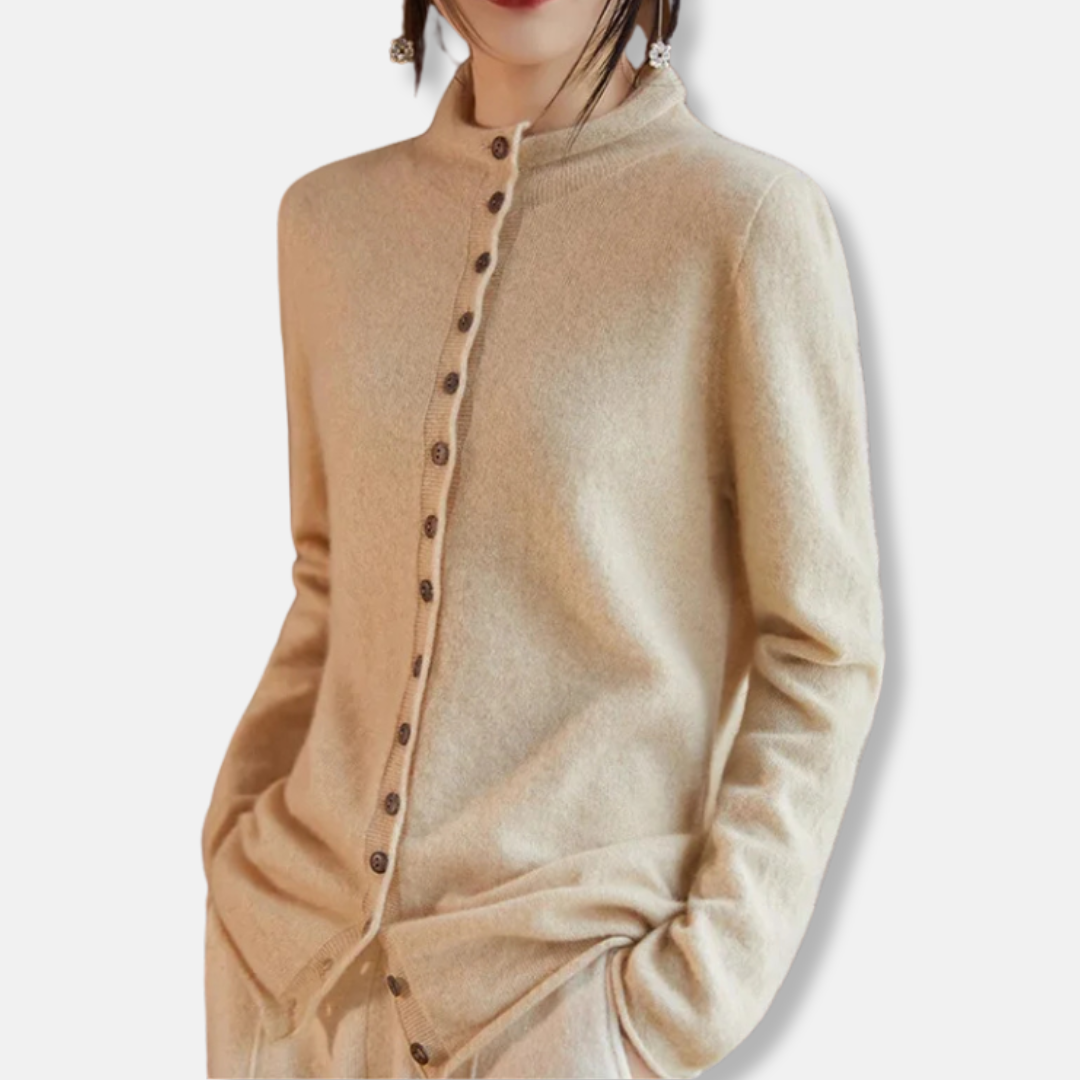 Women's wool knit cardigan sweater, relaxed tailored fit, button front spread collar, cozy style